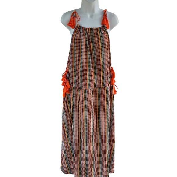 Zara Bright Multicolor Maxi Dress Tassel Straps Checkered Resort Beach Cover Up - Picture 5 of 13